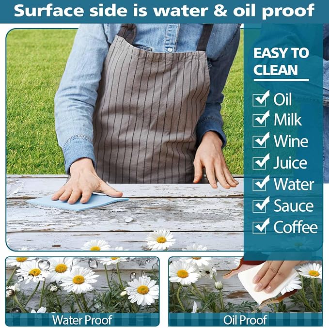 Picnic Table Cover with Bench Cover, Outdoor Patio Camping Essentials Farmhouse Daisy Wooden Table Covers with Elastic Waterproof Camping Tablecloth with Drawstring Bag, 72In 3PCS