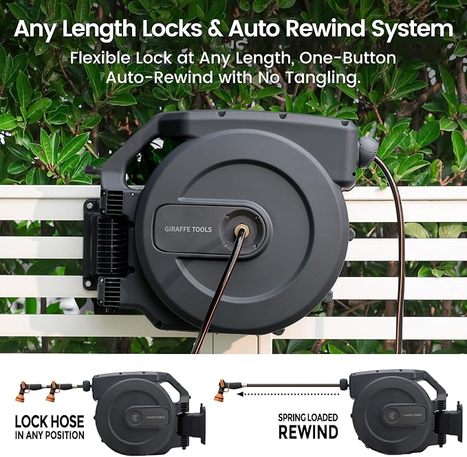 Giraffe Tools AW505/8 Retractable Garden Hose Reel 5/8" x 115+5 ft, Heavy Duty Wall Mounted Water Hose Reel Automatic Rewind, 180 Deg Swivel Bracket, Slow Retraction, 115ft, Dark Grey