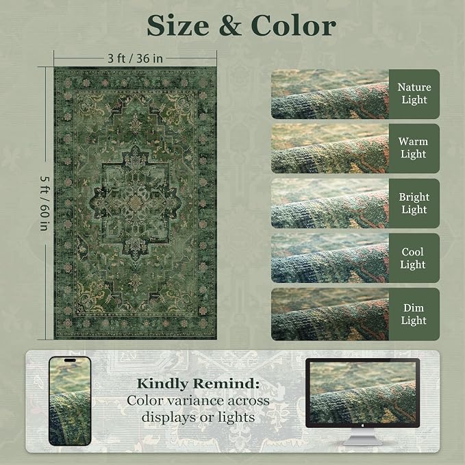 Dark Green Vintage Entryway Rug 3x5, Tranditional Medallion Distressed Throw Rug for Bedroom Bedside, Washable Non Slip Low Pile Small Area Rug for Living Room/Kitchen/Bathroom/Dorm/Closet