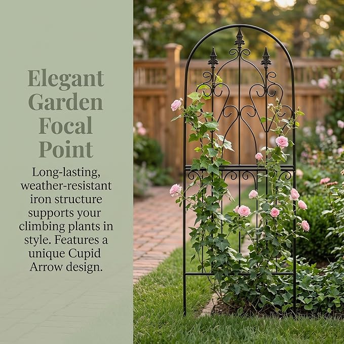 Garden Trellis for Climbing Plants 59" H x 21.7" W Metal Unique Design Decorative Garden Structure Weather-Resistant Lattice Outdoor Decor Flowers Roses Vine Ivy Clematis Black Coating