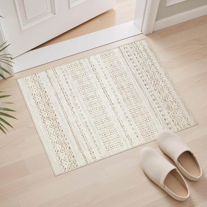 cotiled Washable 2x3 Entryway Rugs: Boho Moroccan Soft Small Rug | Solve Modern Neutral Trendy Home Decor - Stain Resistant for Bathroom Entryway Kitchen Laundry Brown Cream