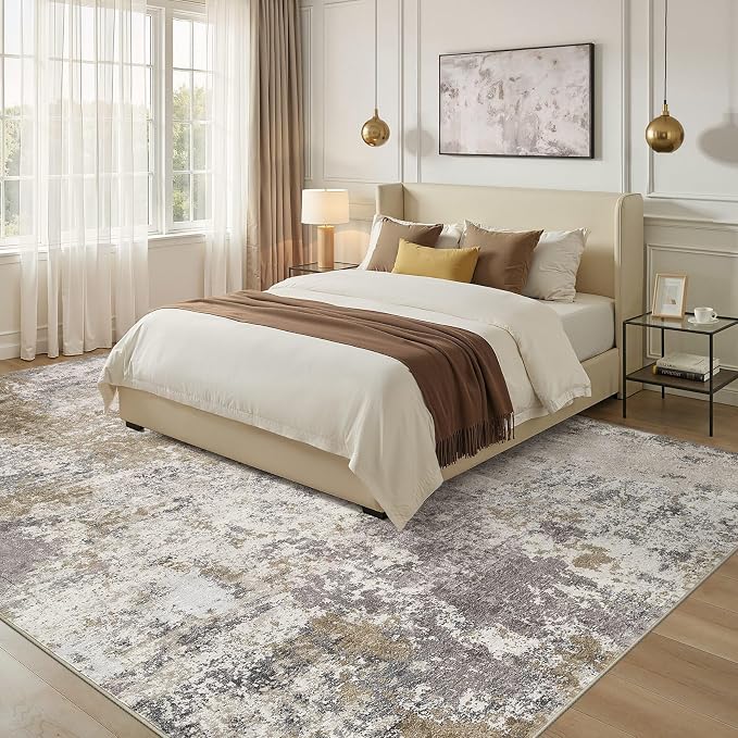 Nakagishi 10X12 Abstract Washable Area Rugs for Living Room-Brown Grey | Modern Non-Slip Silicone Backing Low Pile Soft Carpet for Bedroom Dining Decor Ideal for Families with Kids and Pets