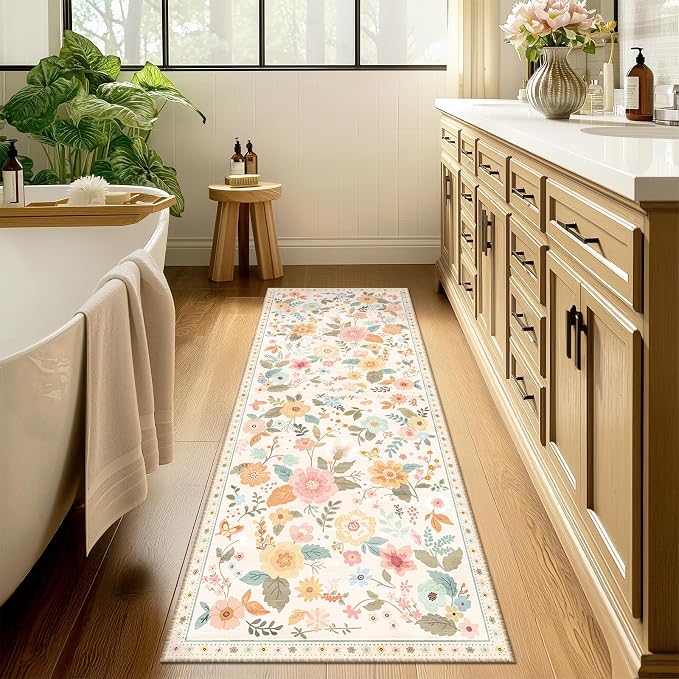 Floral Washable 2x6 Area Rugs Runner Entryway Hallway Beige/White/Orange | Flower Carpet, Print, Boho, Non-Slip, Easy to Clean, Low Pile, Soft, for Living Room Bedroom Kitchen Office Entrance
