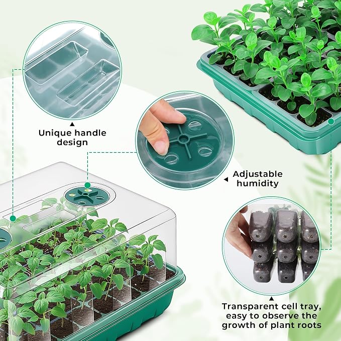 Hanaoyo 192 Cells Seed Starter Tray, 4 Packs Seed Starter Kit with Humidity Vented Domes and High Lid, Germination Kit for Indoor Greenhouse Seed Starter