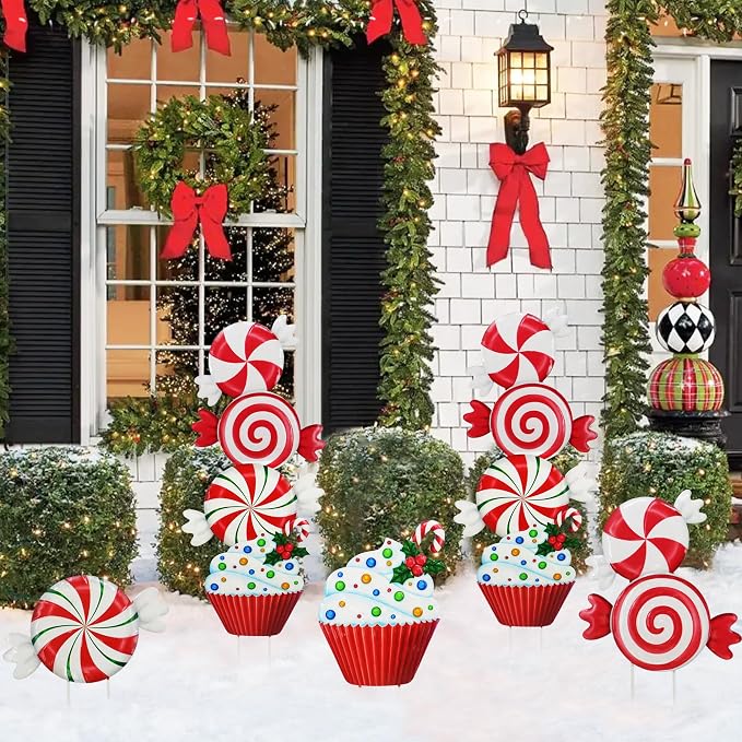 3 Pack Metal Christmas Yard Signs Decor for Multiple Stacked,Voumsil Christmas Yard Stakes with Candy Fall Yard Decor for Outside Garden Yard Lawn Porch