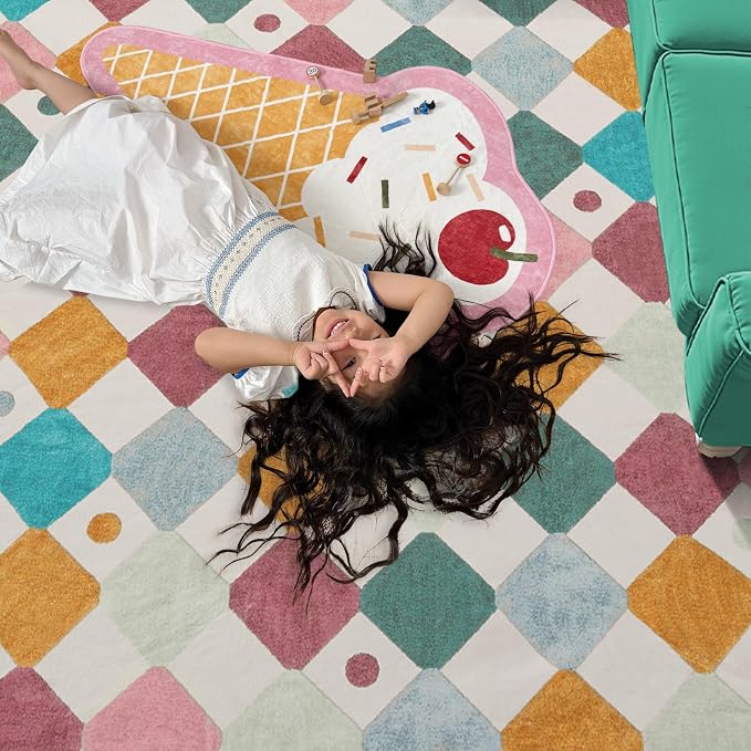 jinchan 5x5 Nursery Rug Kids Room Square Rug Washable Colorful Playroom Rug | Soft, Non-Slip, Confetti, Cute, Kid-Friendly, Modern Checkered Diamond Design, Play Mat, Bedroom, Daycare, Cream Background