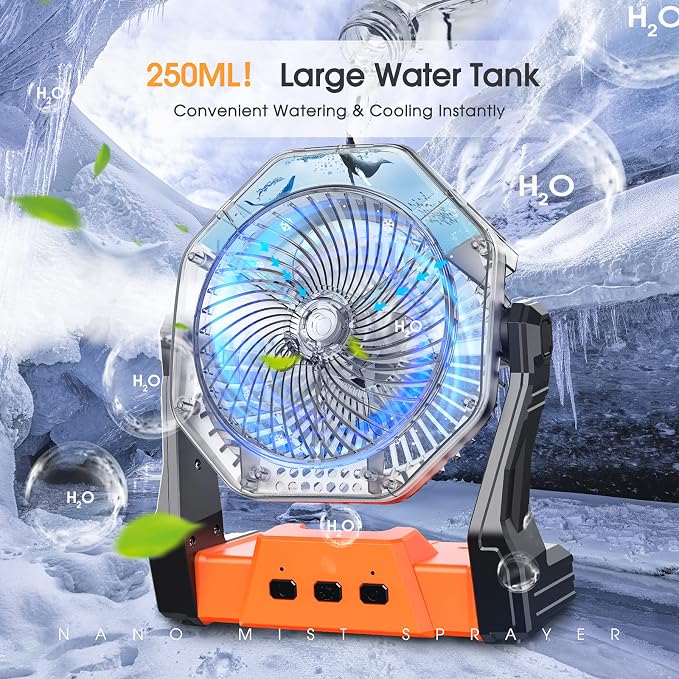 Ausic Portable Misting Camping Fan, 8" Outdoor Cooling Fan with LED Light, Water Spray, Hook, [Max 35H] Battery Operated Rechargeable Fan for Sports Sidelines, Patio, Beach, Tent, Travel