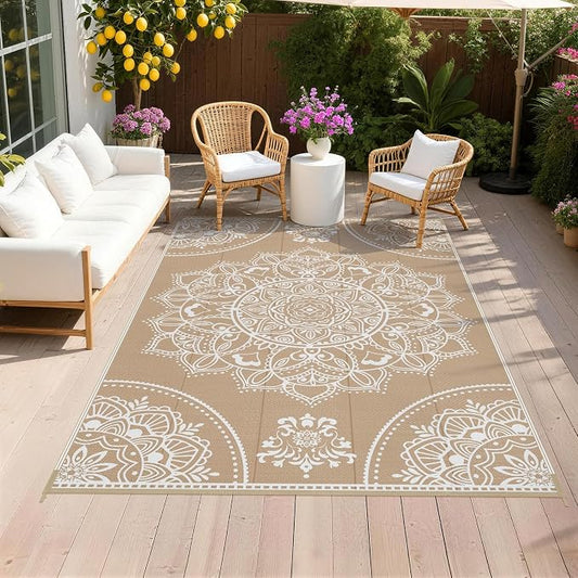 Pauwer Waterproof Outdoor Rug 5x8, Reversible Plastic Straw Patio Camping Rug, Indoor Outdoor RV Mat Carpet for Deck, Camper, Porch, Balcony, Backyard, Picnic, Floral Brown