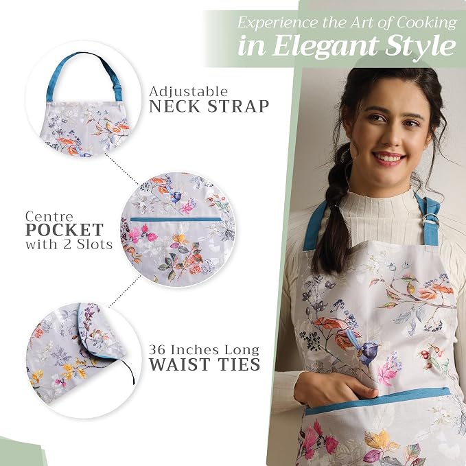 Maison d' Hermine Aprons for women with Pocket 100% Cotton (27.50"x31.50") | Adjustable Neck Strap & long ties Apron Men Chef Wedding Cooking Gardening Server Maid