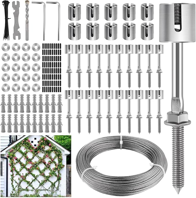 150FT Garden Wire Trellis for Climbing Plants, Kalolary T316 Stainless Steel Garden Trellis for Outdoor Wall-Mounted Heavy Duty Cable Wall Trellis Kit for Plants Vines Wall Decoration