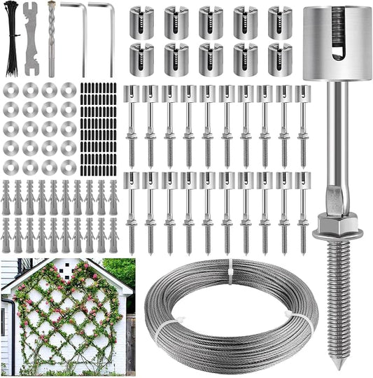 150FT Garden Wire Trellis for Climbing Plants, Kalolary T316 Stainless Steel Garden Trellis for Outdoor Wall-Mounted Heavy Duty Cable Wall Trellis Kit for Plants Vines Wall Decoration