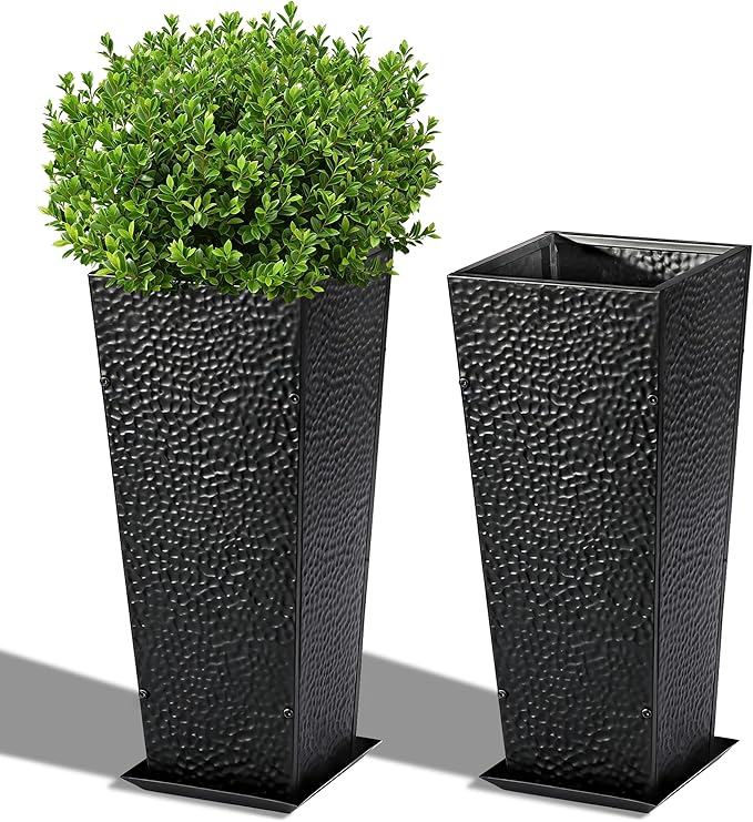BAYN 2-Pack 24" Tall Metal Planter – Hand-Hammered Textured Large Black Flower Pots Box with Saucer for Outdoor&Indoor, Garden, Porch, Patio, Yard with Pre-Drilled Drainage Holes