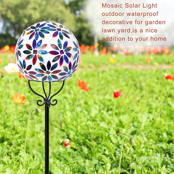 VCUTEKA Decorative Solar Garden Lights, 6" Mosaic Globe Outdoor Stake | Mosaic Glass Design, Solar LED Light, Weather Resistant, Auto On/Off and Metal Stake Design For Lawn and Patio, Multi