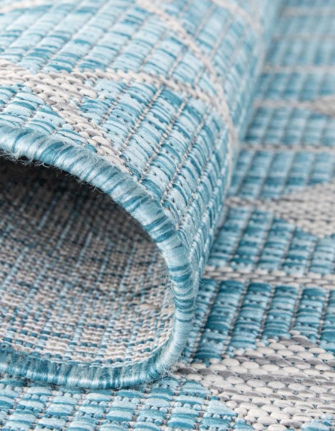 Unique Loom Outdoor Trellis Collection Area Rug - Tribal Trellis (13' Square, Aqua/ Ivory)