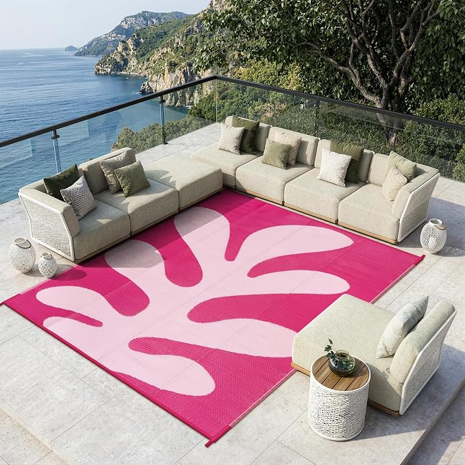 Lahome 9x12 Pink Outdoor Pool Rug, Sea Coral Beach Camping Rugs for Outside Your Rv, Waterproof Plastic Straw Stain Resistant Deck Carpets for Picnic Patio Porch Decor, Pink 9'x12'