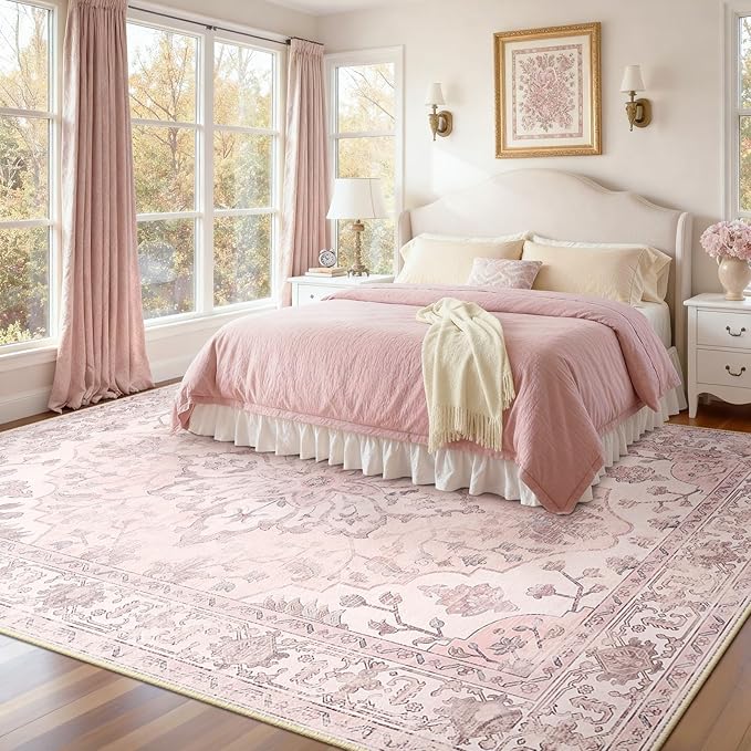 RELEANY Washable Area Rug, Large 9'x12', Pink | Non-Slip, Water Repellent, Pet Friendly, Easy to Clean, Vintage Floral Boho Decor for Living Room Bedroom Dining Room