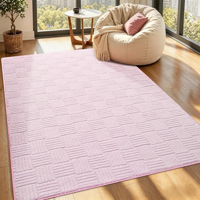 5x7 Pink Washable Shag Area Rug for Girls Bedroom, Modern Geometric Non Slip Living Room Rugs, Fluffy Soft Thick Carpet for Kids Room, Dorm, Office, and Home Decor