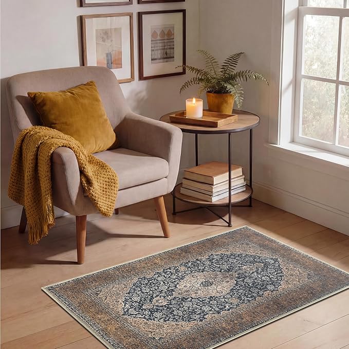 Keen Home Design Vintage Washable Entryway Rug, Non-Slip Low Pile, 2x3 | Machine Washable Cotton Chenille, 0.25In Low Pile, Rubber Non-Slip Back; Kitchen, Entryway, Bathroom, Bedside