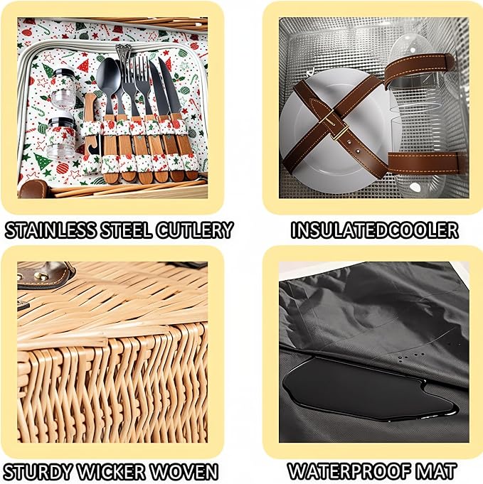 Wicker Picnic Basket Kit Set for 2 Adults with Blanket and Folding Wine Table,Multifunctional Picnic Set Insulated Portable Storage Capacity Full Tablewares,Camping,Outdoor,Wedding Gifts,Beach