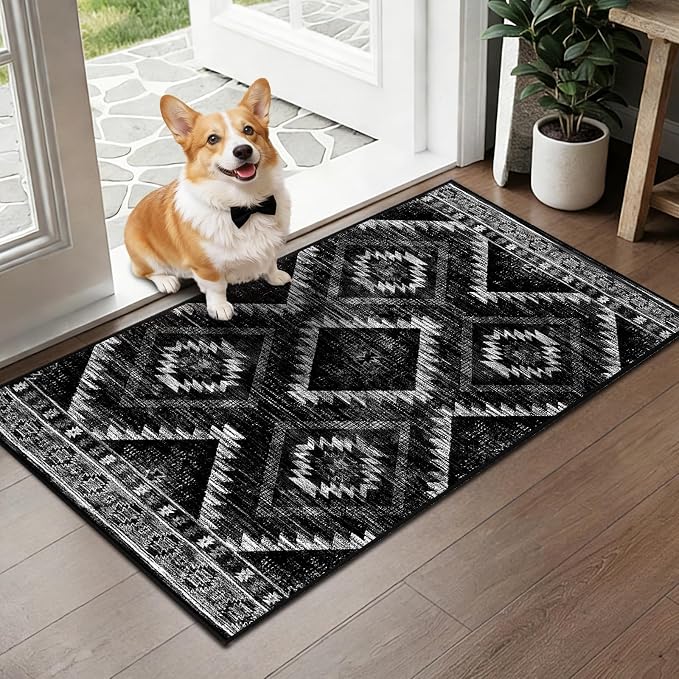 2'x4' Washable Area Rug for Living Room Bedroom Black | Soft Western No Slip Low Pile Print Foldable Indoor for Kitchen Dining Room