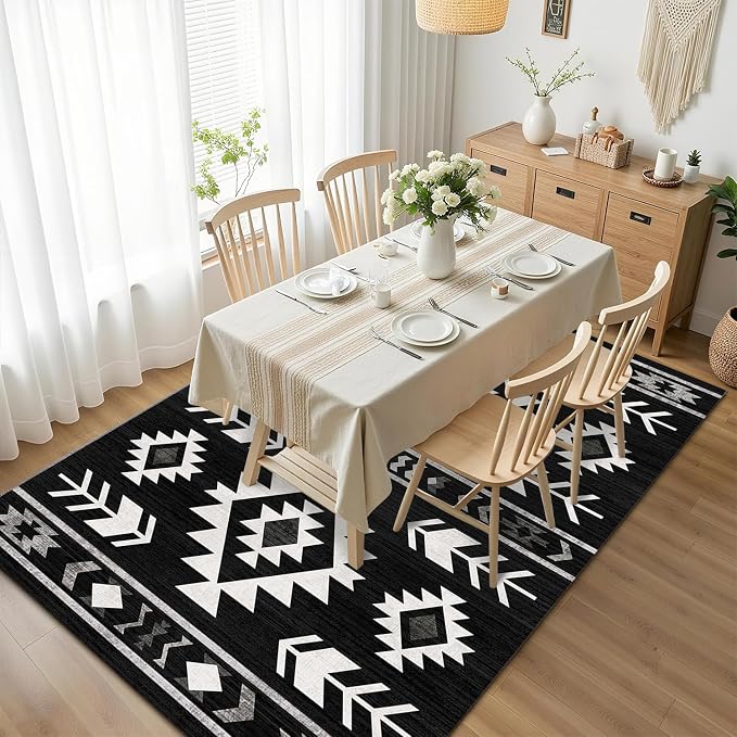 Western Area Rug 4x6 for Living Room, Southwestern Aztec Tribal Area Rugs Southwest Navajo Machine Washable Rug Non-Slip Printed Low-Pile Floor Carpet for Bedroom Dining Room Office, Black