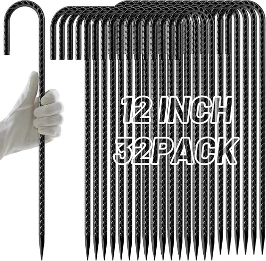 AAGUT Rebar Stakes 12 Inch 32 Pack, J Hook Premium Black Coated Ground Garden Anchors Heavy Duty, Superior Rust Resistance Chain Link Fence Stakes for Camping Tent, Inflatables, Lawn Decor