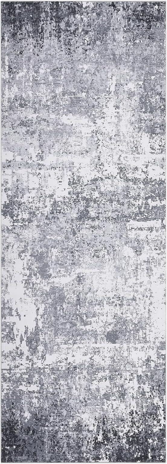 ROYHOME Modern Abstract Runner Rug 2x5 Washable Non Slip, Light Grey | Stain Resistant Rug for Bedroom Living Room Non Shedding Low Pile Indoor Floor Cover