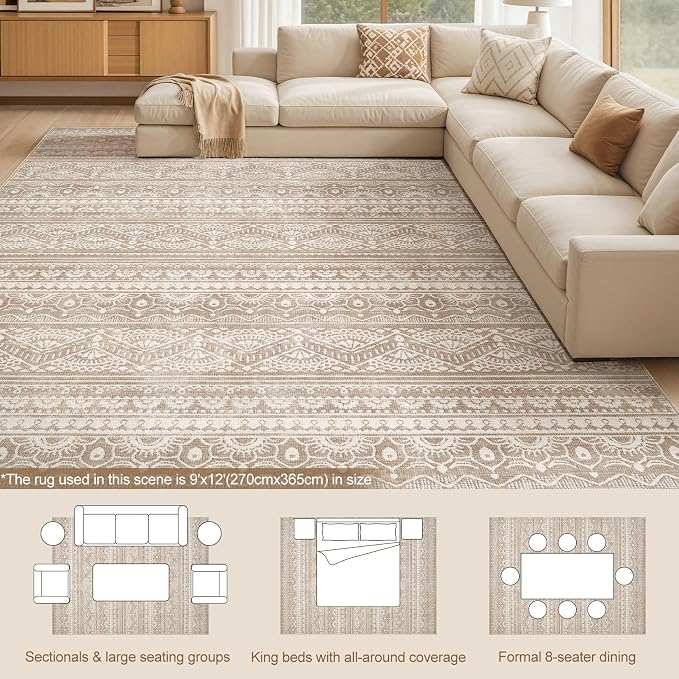 Tortania Area Rug Living Room Rugs - 9x12 Washable Large Soft Neutral Boho Moroccan Bohemian Farmhouse Rug Indoor Floor Carpet for Bedroom Under Dining Table Home Office Decor - Light Brown