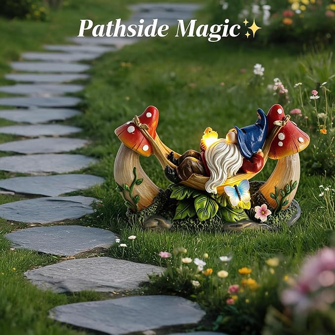 Solar Gnome Garden Statue with Mushroom and Butterfly Lights Outdoors, Waterproof Garden Decor for Yard Lawn Balcony, Cute Gnome Figurine for Outdoor Patio Decor, Ideal Gift for Garden Lovers