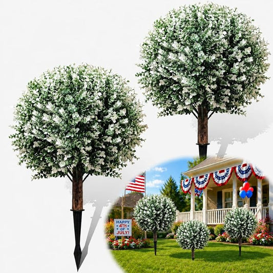 THKFUL 2PCS Artificial Boxwood Topiary Ball Tree, 24" Artificial Plants Outdoor with Spike, UV Resistant Eucalyptus Gazing Balls Fake Bushes Shrubs with Spike for 4th of July Garden Patio Office Home