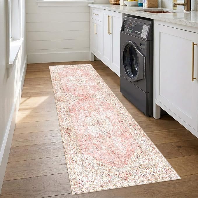 Latte&Fog 2.6x8 Washable Hallway Runner Pink Rug for Kitchen Non Slip | Low Pile Soft Cute Throw Rug Doormat for Entrance Bathroom Laundry Bedside Bedroom Nursery Playroom Hallyway Dorm Office