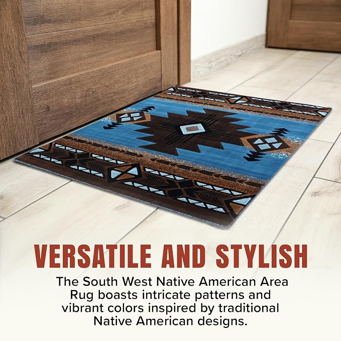 YHSF Southwest Native American Area Rug – Thick, Soft, Durable & Easy to Maintenance Tribal Design Boho Rug– Ideal for Bedroom, Living Room & Hallway - Blue-Brown, 2 Feet 4 Inches x 10 Feet 11 Inches