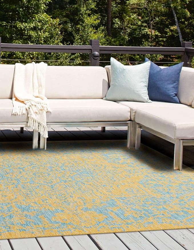 Unique Loom Jill Zarin Jill Zarin Outdoor Collection Area Rug - Dubai (7' 10" Square, Yellow and Aqua/Light Blue)