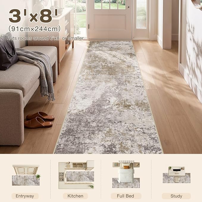 Nakagishi 3x8 Abstract Washable Area Rugs for Entryway-Brown Grey | Modern Non-Slip Silicone Backing Low Pile Soft Carpet for Bedroom Dining Decor for Families with Kids and Pets