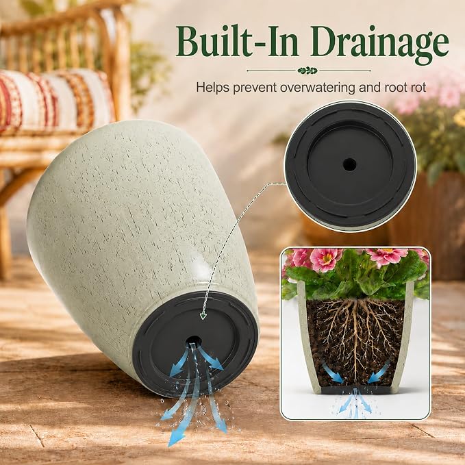 Neoaider Set of 3 Tall Planter, 24/21/12in Large Plastic Planter, DripGlaze | Ceramic-Look, Lightweight, Built-in Drain Hole, Saucers, Tall Outdoor Planter for Porch, Garden, Patio, Balcony