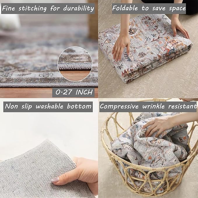 CHAMPLANT Retro Washable Area Rug 4X6 Washable Living Room Boho Chic Medallion Distressed DesignIndoor Non-Slip Large Accent Throw Rug for Kitchen Bedroom Office Carpet