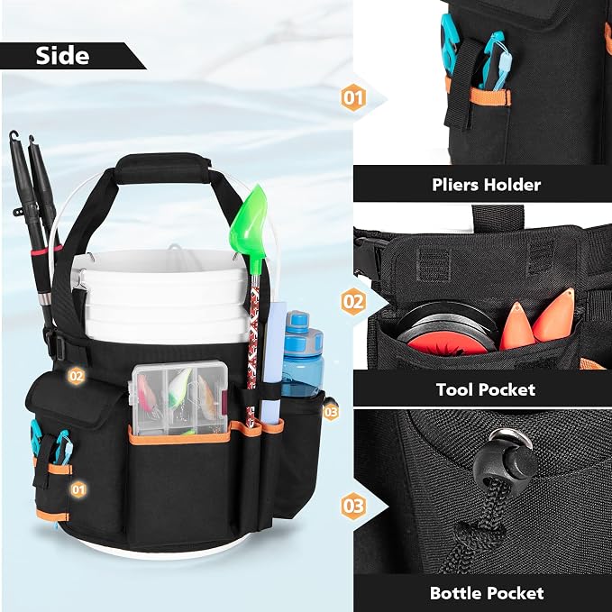 GOBUROS Fishing Bucket Organizer for 5 Gallon Bucket(Bucket not Included) | Fish Bucket Storage Caddy with Adjustable Buckle, Rod and Plier Holder and Multi-Pockets for Fishing Gear