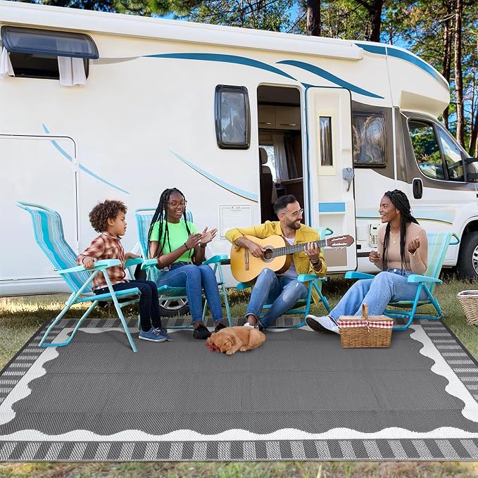 Garvee Large Scalloped Outdoor Rug 8x10 Patio Rugs Outdoor Waterproof, Reversible Plastic Straw Camping Rug, Modern Bordered Outside Mats for Picnic Backyard Deck Balcony Beach Trailer, Grey