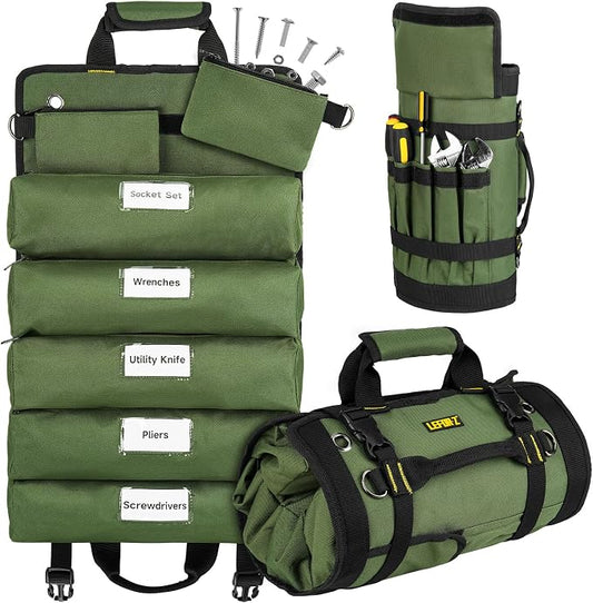 Tool Bag,Large Roll Up Tool Bag Organizer,13 Pockets Tool Roll Storage Pouch,Heavy Duty Portable Tool Storage Carrier Bag for Men,Mechanic,Electrician,Valentines Day Gifts for Men,Green