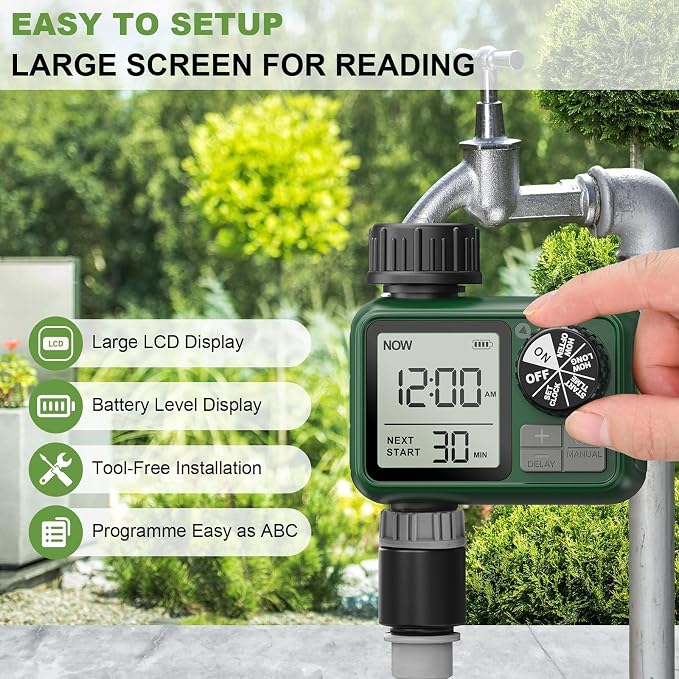 Water Timer for Outdoor Garden Hose, Sprinkler Timer for Garden Faucet with Auto/Manual/Rain Delay Mode, Sprinkler Irrigation Controller for Yard Lawn (1 Zone Plastic Inlet)