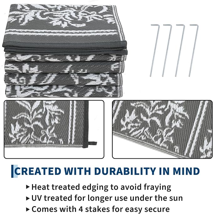 Garvee Outdoor Rugs 9x12 Waterproof Reversible Mat Boho Leaf Patio Rug with 4 Stakes and Starage Bag, Large Outdoor RV Mat Rugs for Camping, Picnic, Balcony, Deck, Backyard, Grey & White