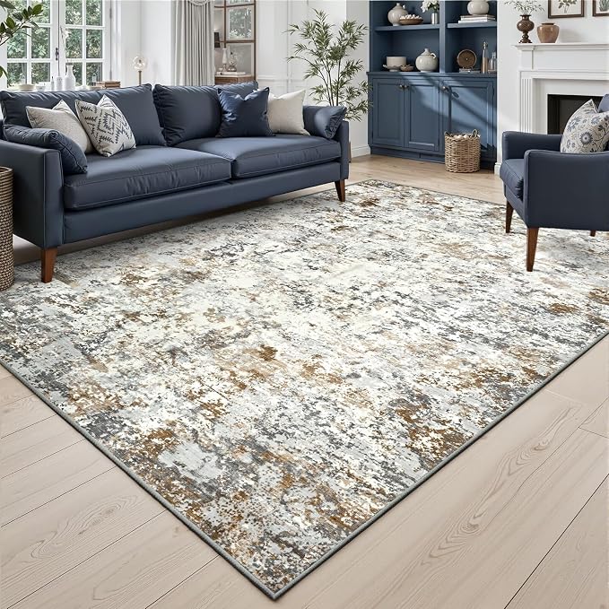 Toneed Abstract Area Rug Modern Washable Rug Soft Non Slip Rug Low Pile for Bedroom Living Room Dining Room Brown/Grey 5x7 Feet