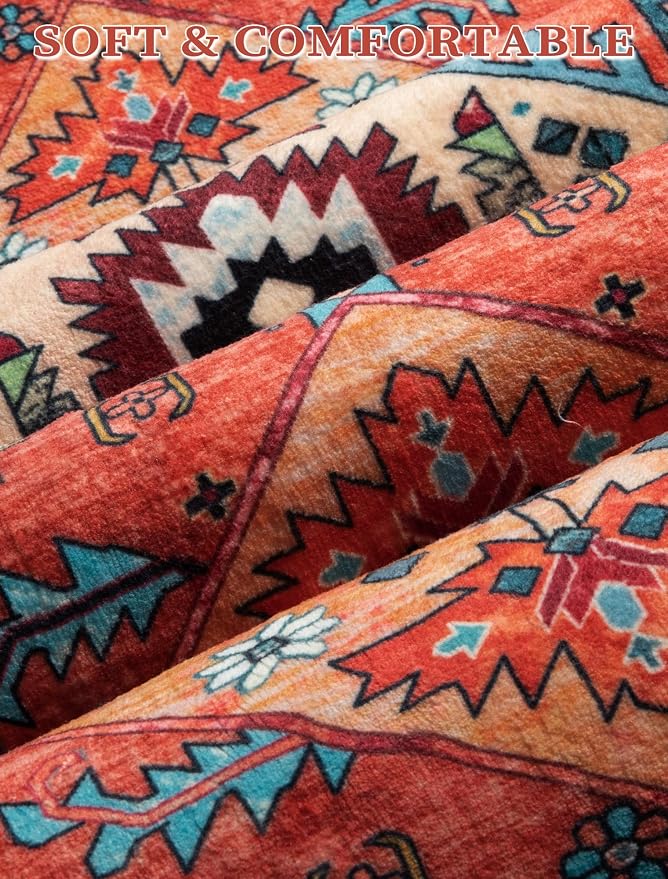 SERISSA 2'6"x14' Washable Non Slip Boho Runner Rug for Hallway，Orange | Ultra Soft Vintage Oriental Carpet Low-Pile Tribal Floor Carpet for Kitchen Bedroom Entryway Bathroom Laundry Room
