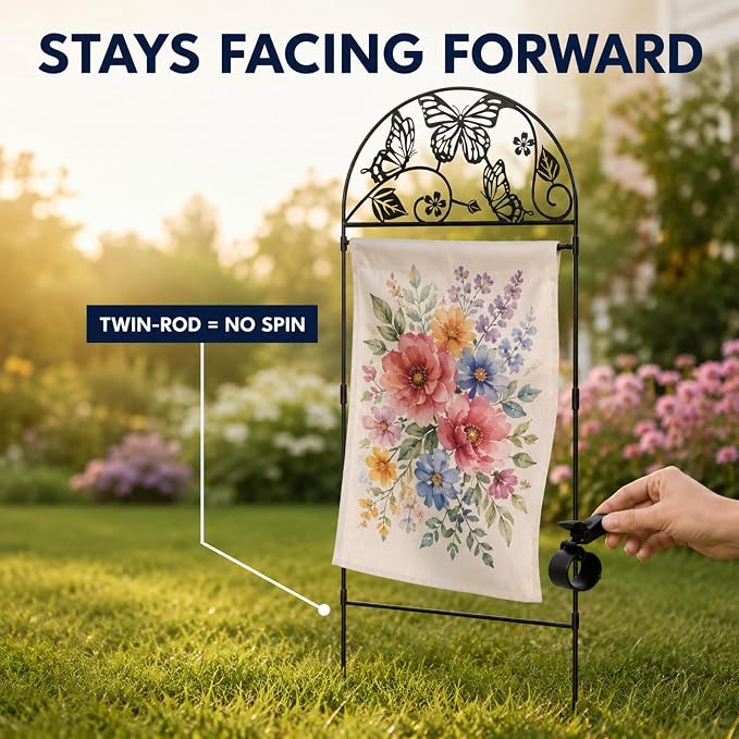 AceList Garden Flag Stand Holder for Outside, Butterfly Decorative Metal Yard Flag Pole with 2 Anti-Wind Clips, Heavy Duty Rustproof Holder for 12x18 Seasonal Garden Flags, Spring Yard Outdoor Decor