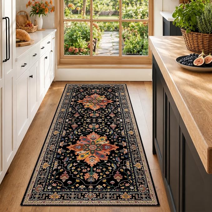 RELEANY Washable Area Rug, Runner 2'x6', Black/Colorful | Non-Slip, Water Repellent, Pet Friendly, Easy to Clean, Vintage Floral Boho Decor for Kitchen Entry Bedroom Bedside Laundry