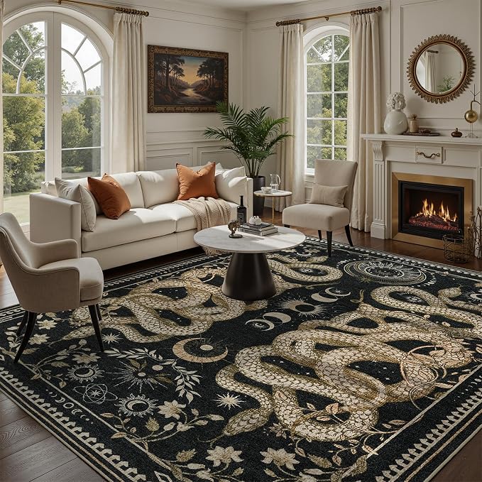 DCX 10x13 Washable Snake Rug for Living Room, Non Slip Low Pile Rug, Black | Rugs for living rooms, bedroom, dining room, office, soft, gothic rug, sain resistant indoor carpet, home decor
