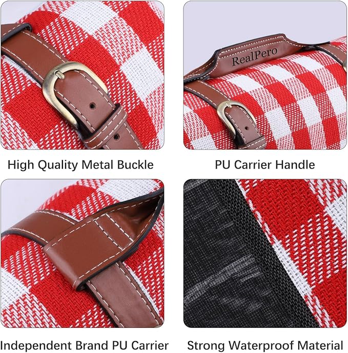 Extra Large Picnic Blanket, 80"x60" Waterproof Sandproof Beach Mat, Soft Foldable Outdoor Camping Mat with PU Carrier, Red White Plaid Portable Mat for Lawn, Grass, Travel & Park