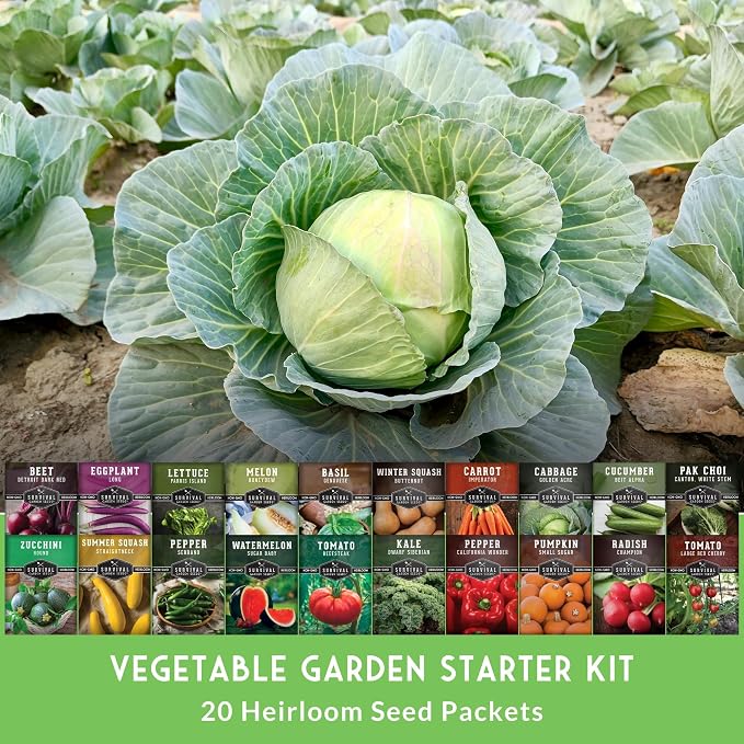 Vegetable Garden Starter Kit – 20 Variety Heirloom Non-GMO Seeds for Planting | Giftable Family Garden Kit for Beginner Victory Gardens – Start Growing Indoors or Outdoors – Survival Garden Seeds