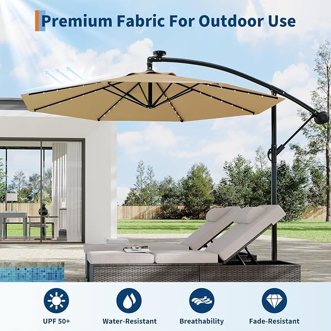 Garvee 10FT Solar Lights Offset Patio Umbrella with Cross Base, Cantilever Umbrella with Easy Lift & Tilt Adjustment, 8 Ribs Sun umbrella UV Protection for Backyard, Pool, Garden, Tan