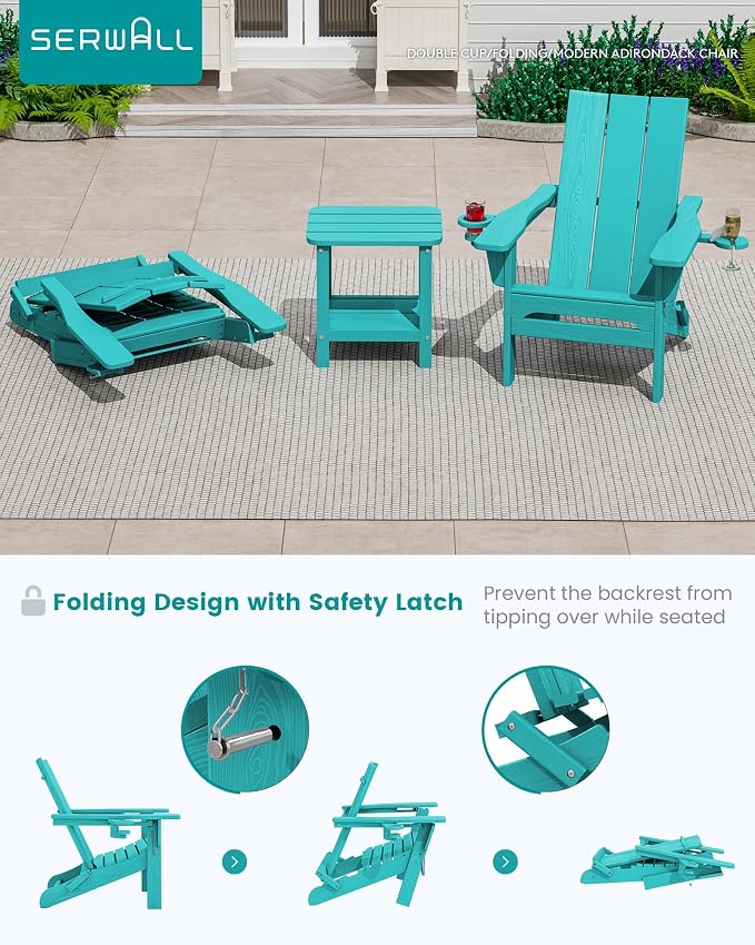 SERWALL Modern Folding Adirondack Chair Set with 9 Ft Umbrella, Folable Adirondack Chairs Set of 2 with Cup Holders, HDPE Fire Pit Chairs for Patio Lawn Garden, Teal (Umbrella Base is not Included)